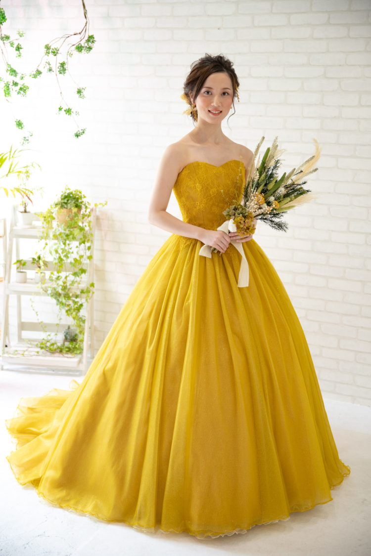 美女と野獣 ウェディングドレス （カラードレス ロングドレス 黄色